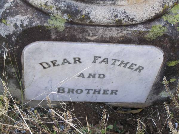 Alfred JONES,  | died 16 Sept 1911 aged 62 years;  | Maria JONES,  | died 31 Aug 1925 aged 72 years;  | George William JONES,  | died 16 Dec 1910 aged 23 years;  | father & brother;  | Yangan Anglican Cemetery, Warwick Shire  | 