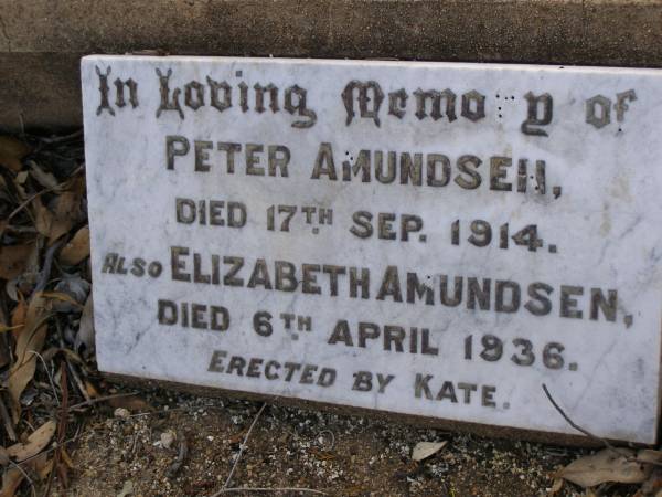 Peter AMUNDSEN,  | died 17 Sept 1914;  | Elizabeth AMUNDSEN,  | died 6 APril 1936;  | erected by Kate;  | Yangan Anglican Cemetery, Warwick Shire  | 