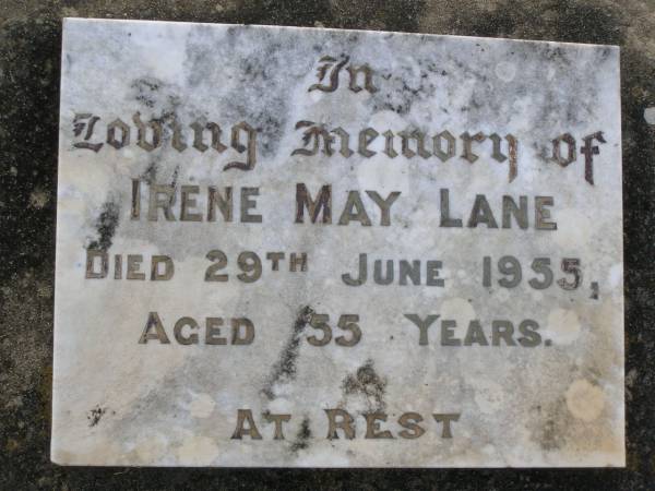 Irene May LANE,  | died 29 June 1955 aged 55 years;  | Yangan Anglican Cemetery, Warwick Shire  | 