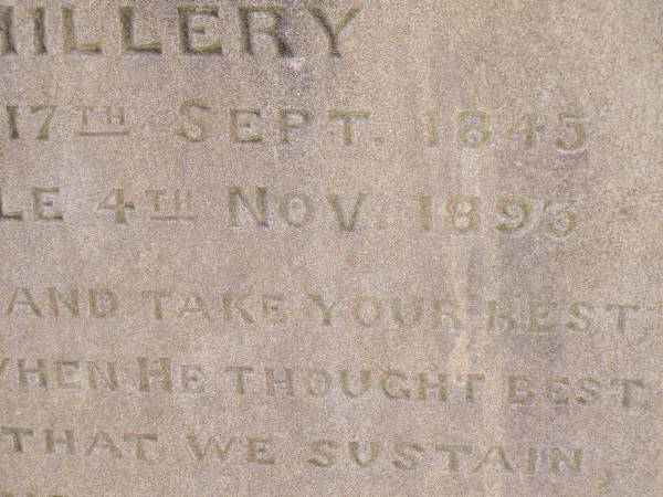 Henry HILLERY,  | husband,  | born Sydney 17 Sept 1845  | died Emu Vale 4 Nov 1893;  | Yangan Anglican Cemetery, Warwick Shire  | 