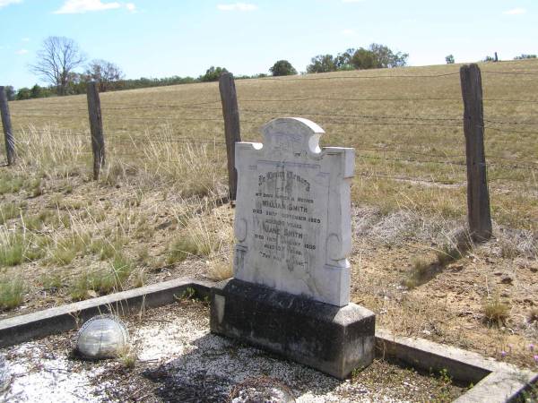 William SMITH,  | father,  | died 26 Sept 1929 aged 59 years;  | Jane SMITH,  | mother,  | died 15 Jan 1930 aged 57 years;  | Yangan Presbyterian Cemetery, Warwick Shire  | 