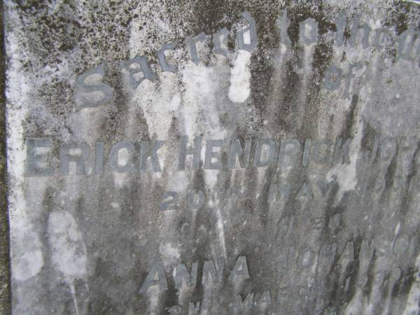Erick Hendrick JOHANSON,  | died 20 May 1931;  | Anna JOHANSON,  | died 22 March 1939;  | Evangeline CLEVELAND,  | grand-daughter,  | 1908 - 1961;  | Yangan Presbyterian Cemetery, Warwick Shire  | 