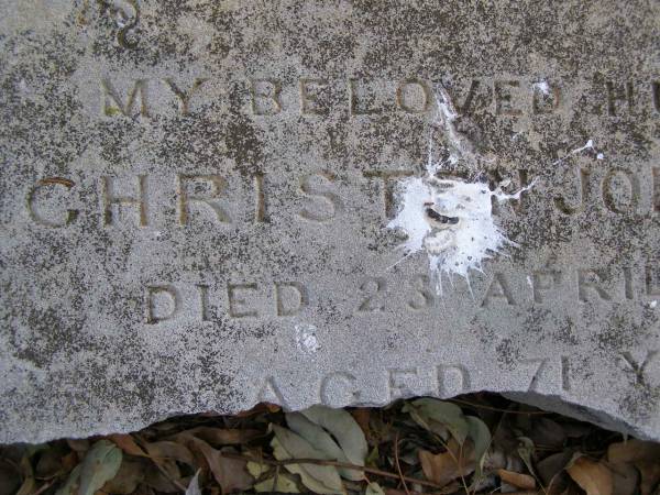 Christen JORGENSEN,  | husband,  | died 23 April 1907 aged 71 years;  | Yangan Presbyterian Cemetery, Warwick Shire  | 