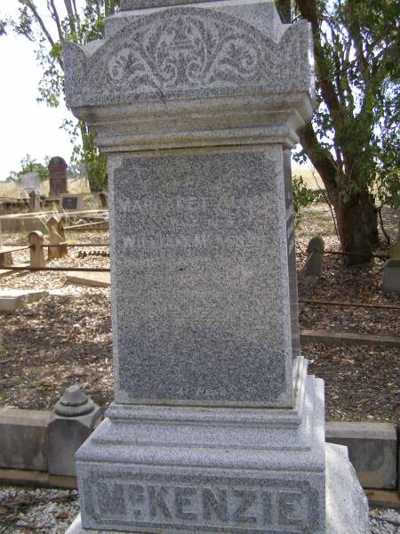 Margaret Allan,  | wife of William MCKENZIE,  | born Dundee Scotland 1 Nov 1853  | died Warwick 26 July 1912;  | William MCKENZIE,  | died 4 May 1916 aged 68 years;  | Yangan Presbyterian Cemetery, Warwick Shire  | 