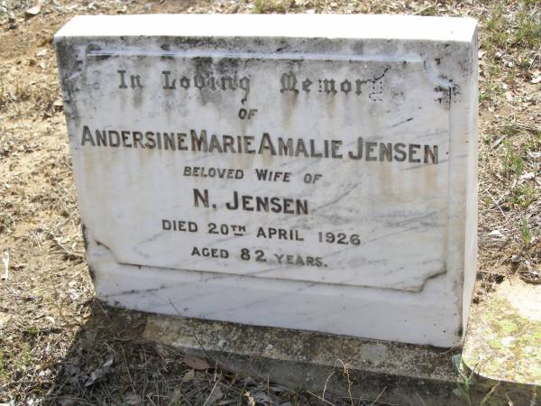 Andersine Marie Amalie JENSEN,  | wife of N. JENSEN,  | died 20 April 1926 aged 82 years;  | Yangan Presbyterian Cemetery, Warwick Shire  | 