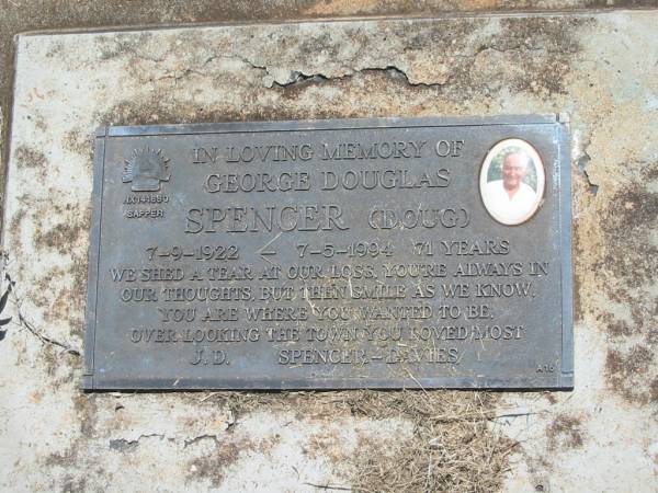 George Douglas (Doug) SPENCER,  | 7-9-1922 - 7-5-1994 aged 71 years,  | missed by J.D. SPENCER-DAVIES;  | Yarraman cemetery, Toowoomba Regional Council  | 