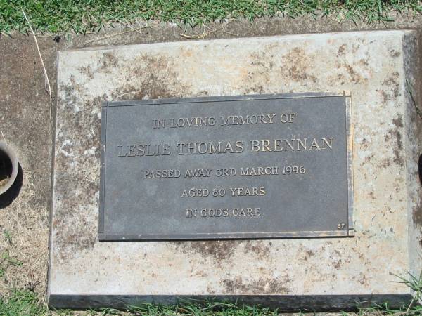 Leslie Thomas BRENNAN,  | died 3 March 1996 aged 80 years;  | Yarraman cemetery, Toowoomba Regional Council  | 