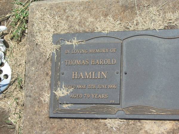 Thomas Harold HAMLIN,  | died 15 June 1996 aged 79 years;  | Yarraman cemetery, Toowoomba Regional Council  | 