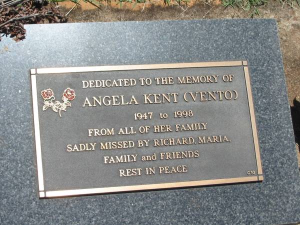 Angela KENT (VENTO),  | 1947 - 1998,  | missed by Richard, Maria & family;  | Yarraman cemetery, Toowoomba Regional Council  | 