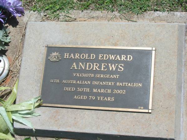 Harold Edward ANDREWS,  | died 30 March 2002 aged 79 years;  | Yarraman cemetery, Toowoomba Regional Council  | 