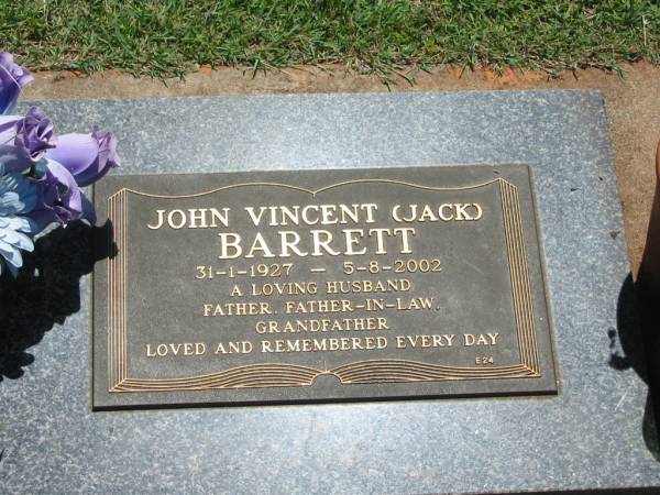 John Vincent (JACK) BARRETT,  | 31-1-1927 - 5-8-2002,  | husband father father-in-law grandfather;  | Yarraman cemetery, Toowoomba Regional Council  | 