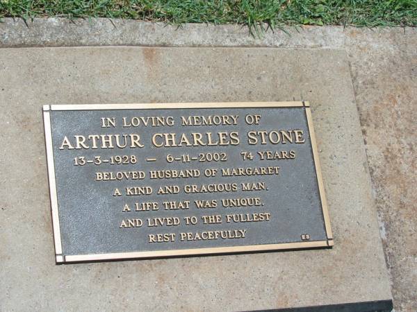 Arthur Charles STONE,  | 13-3-1928 - 6-11-2002 aged 74 years,  | husband of Margaret;  | Yarraman cemetery, Toowoomba Regional Council  | 