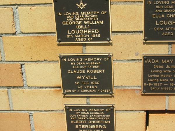 Claude Robert WYVILL,  | husband afather,  | died 1 Feb 1960 aged 43 years;  | Yarraman cemetery, Toowoomba Regional Council  | 