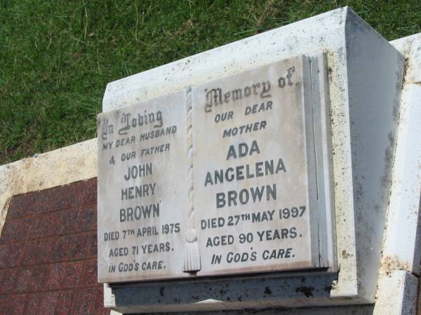 John Henry BROWN,  | husband father,  | died 7 April 1975 aged 71 years;  | Ada Angelena BROWN,  | mother,  | died 27 May 1997 aged 90 years;  | Yarraman cemetery, Toowoomba Regional Council  | 