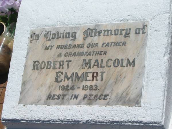 Robert Malcolm EMMERT,  | husband father grandfather,  | 1924 - 1983;  | Yarraman cemetery, Toowoomba Regional Council  | 