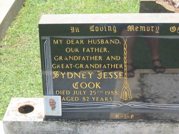 Sydney Jesse COOK,  | husband father grandfather great-grandfather,  | died 25 July 1988 aged 82 years;  | Yarraman cemetery, Toowoomba Regional Council  | 