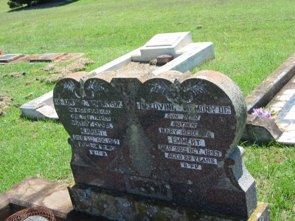 William George EMMERT,  | husband father,  | died 5 Aug 1967 aged 59 years;  | Mary Rececca EMMERT,  | mother,  | died 30 Oct 1993 aged 82 years;  | Yarraman cemetery, Toowoomba Regional Council  | 