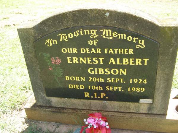 Ernest Albert GIBSON,  | father,  | born 20 Sept 1924,  | died 10 Sept 1989;  | Yarraman cemetery, Toowoomba Regional Council  | 