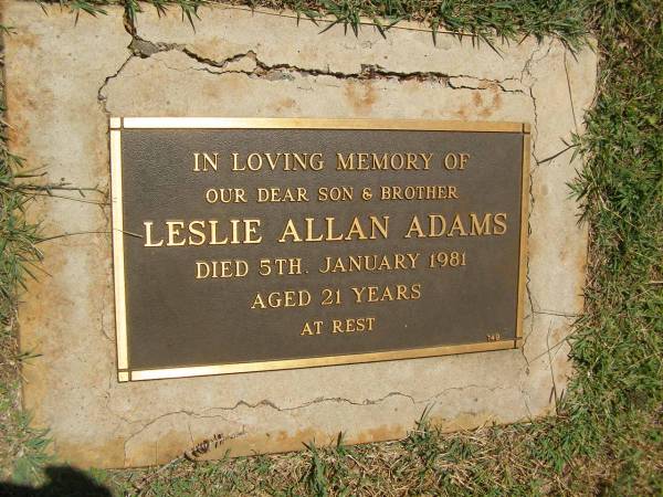 Leslie Allan ADAMS,  | son brother,  | died 5 Jan 1981 aged 21 years;  | Yarraman cemetery, Toowoomba Regional Council  | 