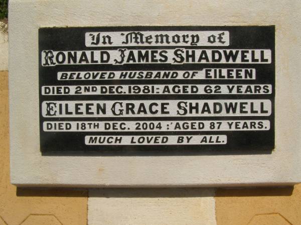 Ronald James SHADWELL,  | husband of Eileen,  | died 2 Dec 1981 aged 62 years;  | Eileen Grace SHADWELL,  | died 18 Dec 2004 aged 87 years;  | Yarraman cemetery, Toowoomba Regional Council  | 