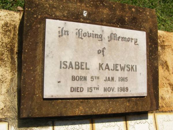 Isabel KAJEWSKI,  | born 5 Jan 1915,  | died 15 Nov 1989;  | Yarraman cemetery, Toowoomba Regional Council  | 