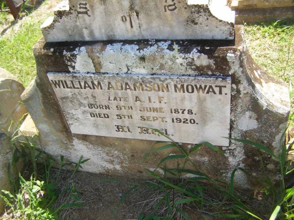 William Adamson (Billy) MOWAT,  | born 9 June 1878,  | died 5 Sept 1920;  | Yarraman cemetery, Toowoomba Regional Council  | 