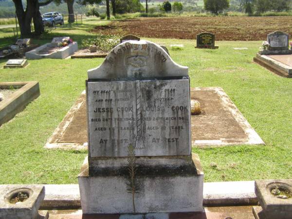 Jesse COOK,  | husband father,  | died 28 Feb 1948 aged 66 years;  | Louisa COOK,  | mother,  | died 24 March 1969 aged 87 years;  | Yarraman cemetery, Toowoomba Regional Council  | 