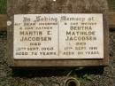 Martin E. JACOBSEN, husband father, died 9 Sept 1968 aged 72 years; Bertha Mathilde JACOBSEN, mother, died 17 Sept 1991 aged 90 years; Yarraman cemetery, Toowoomba Regional Council 