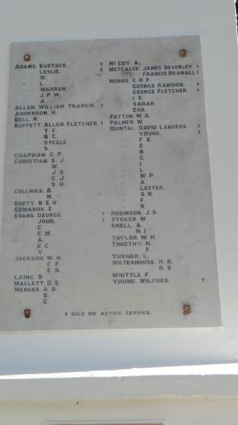 ADAMS, Eustace (+)  | ADAMS, Leslie (+)  | ADAMS, W  | ADAMS, L  | ADAMS, Warren  | ADAMS, J.P.W.  | ADAMS, A  | ALLEN, William Francis (+)  | ANDERSON, H  | BELL, R  | BUFFETT, Allen Fletcher (+)  | BUFFETT, T.F.  | BUFFETT, B.C.  | BUFFETT, Steele  | BUFFETT, S.  | CHAPMAN, C.P.  | CHRISTIAN, S.J.  | CHRISTIAN, W.  | CHRISTIAN, J.S.  | CHRISTIAN, S.H.  | CULLWICK, B.  | CULLWICK, H.  | DUFTY, B.E.V.  | EDWARDS, E.  | EVANS, George  | EVANS, John  | EVANS, C.  | EVANS, C.M.  | EVANS, A.  | EVANS, C.C.  | EVANS, Y.  | JACKSON, W.H.  | JACKSON, C.F.  | JACKSON, E.B.  | LAING, B.  | MALLETT, D.E.  | MENGES, A.B>  | MENGES, S.  | MENGES, G.  | McCOY, A  | METCALFE, James Beverley (+)  | METCALFE, Francis Bramall (+)  | NOBBS, C.H.F.  | NOBBS, George Rawdon (+)  | NOBBS, George Fletcher (+)  | NOBBS, I.S.  | NOBBS, Sarah  | NOBBS, Eva  | PATTON, W.A.  | PALMER, W  | QUINTAL, David Landers (+)  | QUINTAL, Young (+)  | QUINTAL, F.E.  | QUINTAL, E.  | QUINTAL, B.  | QUINTAL, G.  | QUINTAL, I.  | QUINTAL, L.  | QUINTAL, W.P.  | QUINTAL, A.  | QUINTAL, Lester  | QUINTAL, A.R.  | QUINTAL, F.  | QUINTAL, R.  | ROBINSON, J.S.  | STOKER, W.  | SNELL, A.  | SNELL, H.I.  | TAYLOR, W,H.  | TIMOTHY, N.  | TIMOTHY, F.  | TURNER, L.  | WATERHOUSE, H.R.  | WATERHOUSE, R.S.  | WHITTLE, F.  | YOUNG, Wilfred (+)  | (+) Died on active service  |   | Norfolk Island War Memorial  |   |   | 
