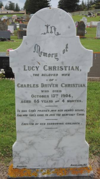 Lucy CHRISTIAN  | wife of Charles Driver CHRISTIAN  | d: 13 Oct 1904, aged 65 yrs, 4 mon  |   | Norfolk Island Cemetery  | 