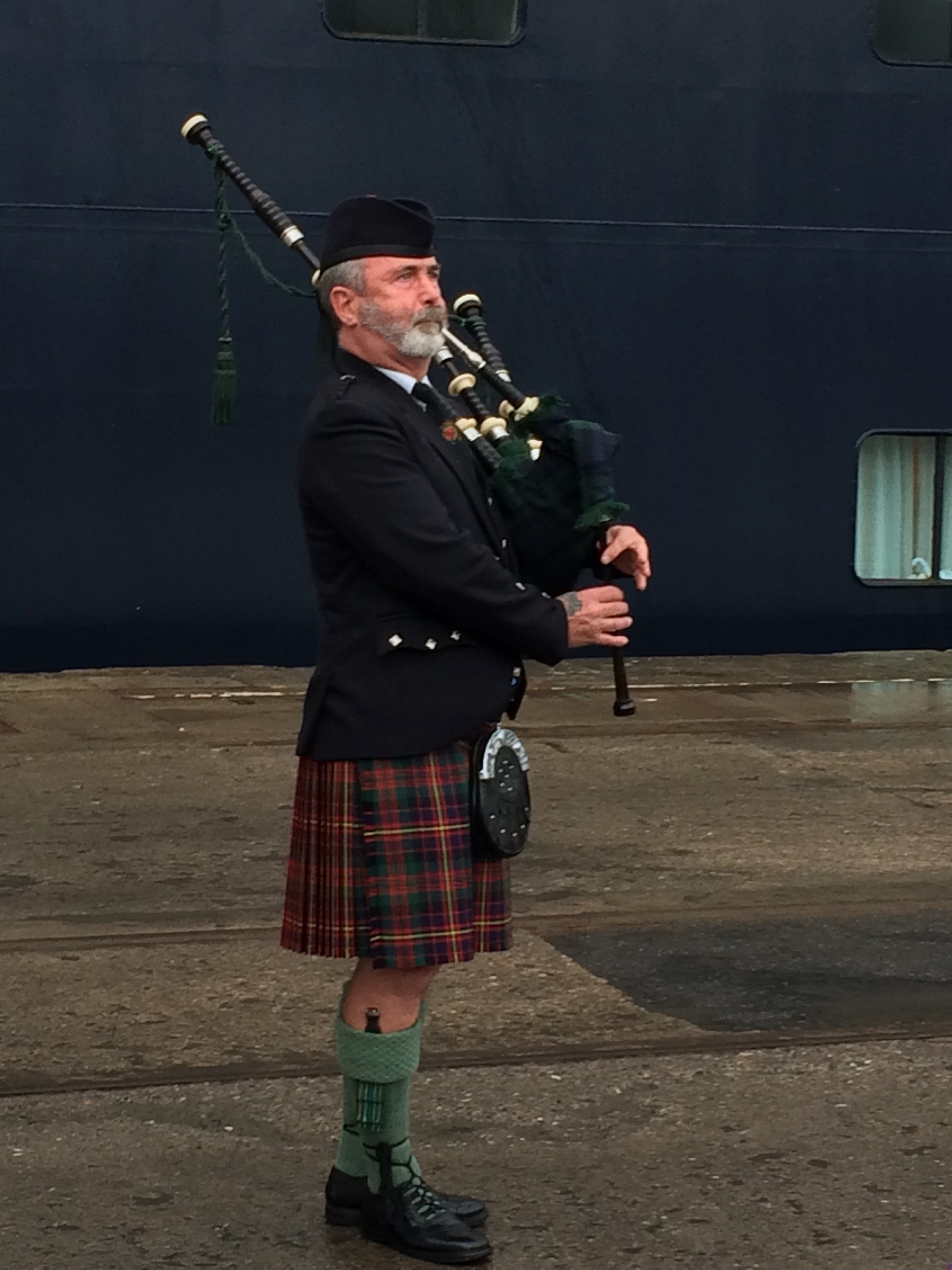 Greeted by a bagpiper in Rosyth