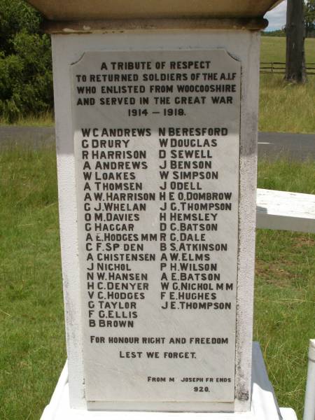 W C ANDREWS  | G DRURY  | R HARRISON  | A ANDREWS  | W LOAKES  | A THOMSEN  | A W HARRISON  | G J WHELAN  | O M DAVIES  | G HAGGAR  | A E HODGES MM  | C F SPIDEN  | A CHRISTENSEN  | J NICHOL  | N W HANSEN  | H C DENYER  | V C HODGES  | G TAYLOR  | F G ELLIS  | B BROWN  | N BERESFORD  | W DOUGLAS  | D SEWELL  | J BENSON  | W SIMPSON  | J ODELL  | H E O DOMBROW  | J G THOMPSON  | H HEMSLEY  | D G BATSON  | R G DALE  | B S ATKINSON  | A W ELMS  | P H WILSON  | A E BATSON  | W G NICHOL M M  | F E HUGHES  | J E THOMPSON  |   | Bridge Creek Memorial Bridge, Mt Joseph, Woocoo Shire  |   | 