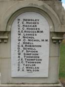 H.  HEMSLEY F.C.HUGHES C.  HAGGAR V.C.HODHES A.E.HODGES M.M. W.  LOAKES J.  NICHOL W.C.NICHOL M.M. J.  ODELL C.E.ROBINSON D.  SEWELL C.F.SPIDEN W.  SIMPSON A.  THOMSEN J.E.THOMPSON J.C.THOMSON C.  TAYLOR C.J.WHELAN P.H.WILSON  Brooweena War Memorial, Woocoo Shire  