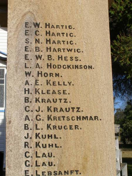 W BEER  | H CLEWLEY  | M GRINKE  | W ROSS  | L W HARTIG  | E STEINMULLER  | (they gave their lives for us)  |   | D E HARTH  | A LEBSANFT  | M SCHULTZ  | C WOCKNER  | J WOCKNER  | M WOCKNER  | J J ANDERSON  | R BAKER  | A A BALL  | H C BALL  | J C BALL  | N BEUTEL  | J BIRRER  | J A BLUMKE  | K BOGGS  | J BRUGGEMANN  | B COOLING  | A DADDS  | R W DAVIE  | R C DAVIE  |   D.F.C & BAR  | C EHRLICH  | D C ESSEX  | L H FULLER  | R T FULLER  | J GARDNER  | A W GRACEY  | K HAMLYN  | G H HANDFORD  | S HANDFORD  | B A JONES  | A MANTEIT (K)  | E MANTEIT (K)  | K MANTEIT  | J SOMMER  | R P HAMLYN  | E W HARTIG  | E C HARTIG  | S N HARTIG  | E B HARTWIG  | E W B HESS  | L A HODGKINSON  | W HORN  | A E KELLY  | H KLEASE  | B KRAUTZ  | C J KRAUTZ  | A G KRETSCHMAR  | B L KRUGER  | J KUHL  | R KUHL  | C LAU  | G LAU  | E LEBSANFT  | F LEBSANFT  | R F LLOYD  | E E MADSEN  | H C MADSEN  | H J MADSEN  | C McINTOSH  | G W McLAREN  | L MUNEY  | M NORTON  | N W PETERS  | E PUKALLAS  | L PUKALLAS  | B C RAFTERY  | P W RAFTERY  | A REIS  | F RICHTER  | A H ROBINSON  | J A ROSS  | H E SKUSE  | R D SMITH  | R THOMAS  | J M THOMPSON  | A G THORN  | H VONHOFF  | L G WALTERS  |   George Medal  | C K WOCKNER  |   | Goombungee WWII War Memorial (Rosalie Shire)  |   | 