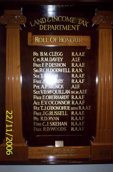 B.M. CLEGG;  | R.M. DAVEY;  | F.P. DESHON;  | R.C.H. DODWELL;  | T. ESSAM;  | J. GILVARRY;  | A.P. MUNCK;  | V.D. MCQUILLAN;  | E.V. O'CONNOR;  | T.J. O'DONOHUE;  | J.G. RUSSELL;  | R.D. RYAN;  | C.J. SKEHAN;  | R.D. WOODS;  | Tax Office, corner Ann & Creek Streets, Brisbane  |   | 