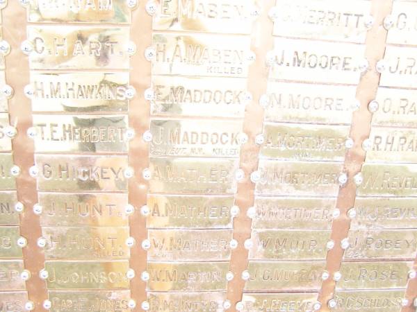 C   HART  | H M HAWKINS  | T E HERBERT  | G   HICKEY  | J   HUNT  | H   HUNT  | J   JOHNSON  | E   JONES  | E   MABEN  | H A MABEN  | E   MADDOCK  | J   MADDOCK  | A   MATHER  | A   MATHER  | W   MATHER  | W   MARTIN  | R   McINTYRE  | C   MERRITT  | J   MOORE  | N   MOORE  | A   MORTIMER  | J   MORTIMER  | W   MUIR  | J C MURRAY  | F J NEEVE  | J   ROBEY  | J   ROSE  | R C SCHLOSS  |   | War Memorial Hall Warra, Wambo Shire  | 