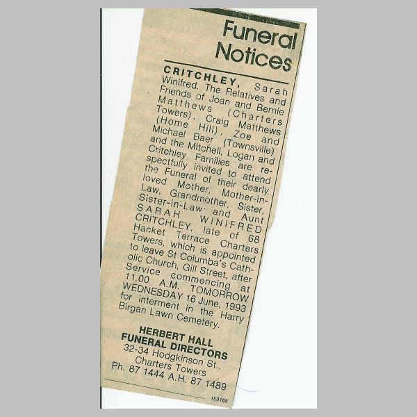 Funeral notice for Sarah Critchley - Charters Towers Northern Miner  | 