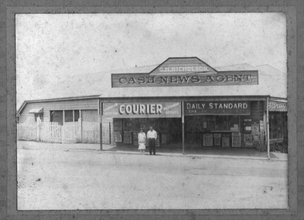 George Harold NICHOLSON with wife Edna (nee Jansen)  |   | Taken 10/1/1928 outside their newsagency  | 25 Nash St, Rosalie (Paddington)  |   | 