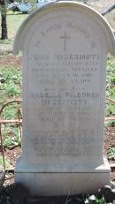John McDERMOTT
native of El??ln Lile?, Roscommon, Ireland
d: 16 Mar 1900 aged 35?
his wife
Isabella Falconer McDERMOTT
native of Brisbane
d: 21 May 1905 aged 44
Aubigny Catholic Cemetery, Jondaryan