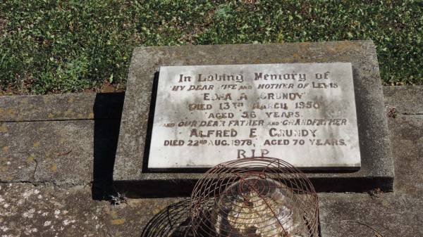Edna A GRUNDY  | d: 13 Mar 1950 aged 56  | mother of Lewis  |   | husband  | Alfred E GRUNDY  | d: 22 Aug 1978 aged 70  |   | Aubigny St Johns Lutheran cemetery, Toowoomba Region  |   | 