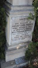 August Carl BAARTZ
b: 6 Mar 1844, Deutsch Krone, West Prussia, Germany
d: 25 Sep 1910 aged 66
Elizabeth Gaithe BAARTZ
d 21 Jun 1932 aged 81
Aubigny St Johns Lutheran cemetery, Toowoomba Region