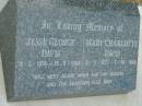 Jesse George DAVIS,
18-2-1878 - 10-8-1962;
Mary Charlotte DAVIS,
31-3-1877 - 7-10-1944;
Barney View Uniting cemetery, Beaudesert Shire