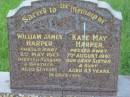 William James HARPER,
husband brother,
died 2 May 1967 aged 61 years;
Kate May HARPER,
sister aunt,
died 7 Aug 1991 aged 83 years;
Barney View Uniting cemetery, Beaudesert Shire