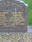 William James HARPER,
husband brother,
died 2 May 1967 aged 61 years;
Kate May HARPER,
sister aunt,
died 7 Aug 1991 aged 83 years;
Barney View Uniting cemetery, Beaudesert Shire