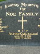 NOE family;
Ena Ruby,
died 28-9-1912 aged 1 year;
Elsie May (Mason),
died 7-3-1983 aged 82 years;
Johann (Bill), father,
died 24-11-1924 aged 56 years;
Marie Magdalene, mother,
died 7-11-1955 aged 74 years;
Alfred Carl (Charlie),
died 20-5-1912 aged 4 years;
Barney View Uniting cemetery, Beaudesert Shire