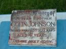 Colin JOHNSON, brother,
died 23 Sept 1975 aged 41 years;
Barney View Uniting cemetery, Beaudesert Shire
