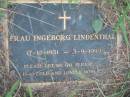 Frau Ingeborg LINDENTHAL,
17-12-1931 - 3-9-1999;
Barney View Uniting cemetery, Beaudesert Shire