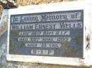 
William Ernest WELLS,
died 29 April 1925 aged 33 years;
Lucy Emily WELLS, nee Dance, ashes,
died 28 May 2001 aged 1904 years;
Beerburrum Cemetery, Caloundra
