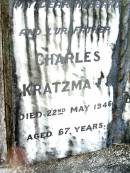 Charles KRATZMANN, husband father,
died 22 May 1946 aged 67 years;
Emily KRATZMANN, mother,
died 14 July 1952 aged 71 years;
Beerwah Cemetery, City of Caloundra