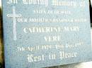 Catherine Mary VERE, wife of Syd,
mother grandma sister,
7 April 1920 - 15 Dec 1997;
Beerwah Cemetery, City of Caloundra